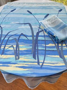 Pair of vintage 70s curtains, blue sunset cattail print, groovy sheer panels